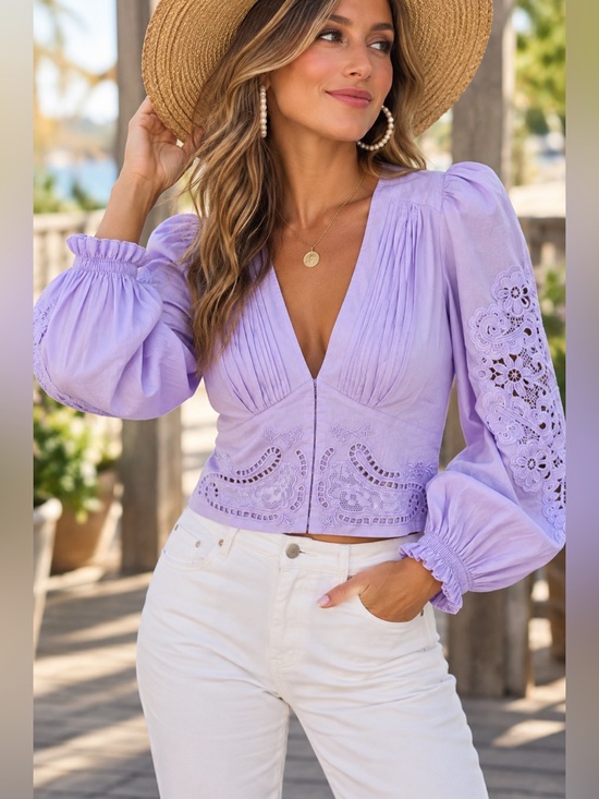 FARM Rio Tops - NWT FARM Rio Lilac Lace Blouse M $175 Embroidered Puff Sleeve Boho